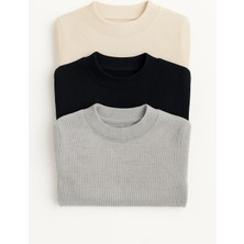 Mini Kanka Ribanalı Bisiklet Yaka Çocuk Triko Kazak 3’lü Set – Uzun Kollu Mevsimlik Basic Kazak Takımı