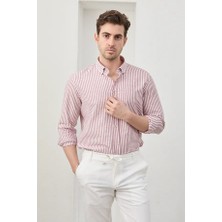 Ravanelli Ravanellı Erkek Gömlek Kırmızı Çizgili Pamuk Keten Modern Slim Fit Gömlek