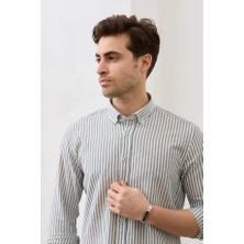 Ravanelli Ravanellı Erkek Gömlek Haki Çizgili Pamuk Keten Modern Slim Fit Gömlek
