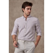 Ravanelli Ravanellı Erkek Gömlek Bej Çizgili Pamuk Keten Modern Slim Fit Gömlek