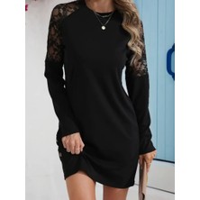 Etiler Collection Kadın Uzun Kollu Bisiklet Yaka Dantel Detaylı VISK8N Iki Iplik Düğmeli Mini Elbise