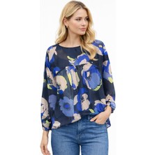 Mamayaga Kadın  Göğüsten Pileli Biiklet Yaka Şifon Curve Büyük Beden Spor Şık Desenli Bluz