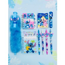 ÖZ OFİS Stitch 30CM Tüylü Tükenmez Kalem - Not & Sticker Defter - Uçlu Kalem - Silgi - Hediyelik Set