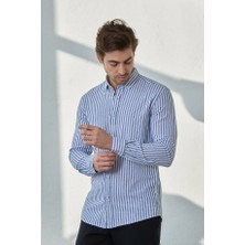 Ravanelli Ravanellı Erkek Gömlek Lacivert Çizgili Pamuk Keten Modern Slim Fit Gömlek