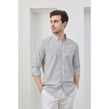 Ravanelli Ravanellı Erkek Gömlek Siyah Çizgili Pamuk Keten Modern Slim Fit Gömlek