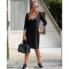 Etiler Collection Kadın Uzun Kollu V Yaka Şeritli Iki Iplik Salaş Elbise