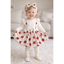 Bubiee Baby Kız Çocuk Elma Figürlü Askılı Jile Etekli Takım Fiyonk Detaylı Bandanalı 3'lü Takım