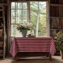 Meine Home Kırmızı Çizgili Keten Masa Örtüsü Dertsiz Kumaş