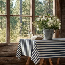 Meine Home Lacivert Çizgili Keten Masa Örtüsü Dertsiz Kumaş