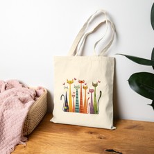 Tişört Kodu Renkli Uzun Kediler Kanvas Bez Çanta – Kedi Illüstrasyonlu Doğal Pamuk Tote Bag