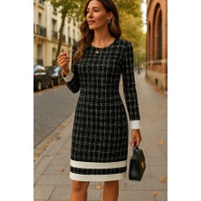 Etiler Collection Kadın Uzun Kollu Yuvarlak Yaka Etek Ucu Şerit Detaylı Kısa Dokuma Elbise