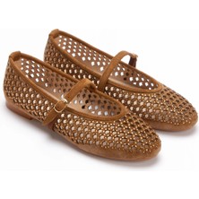 MFT Ayakkabı Kadın Kemerli Lazer Kesim Taşlı Makosen Babet Taba