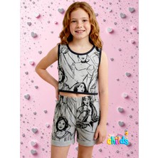 Ikili Alt Üst Baskılı Crop Likralı Penye Kız Çocuk Şortlu Takım