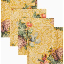 Cabana Peonia Floral Desenli 4’lü, Italyan Tasarımı Keten Peçete Seti Sarı