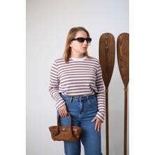 Keymood Çizgili Kahve Uzun Kol Kadın Tshirt