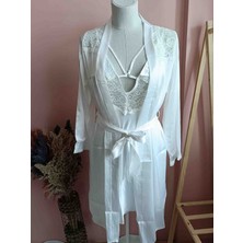 Laris Candy Beyaz Saten Dantelli Gelin Seti / Gecelik Sabahlık Takımı