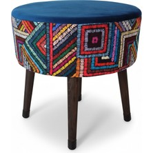 Premium Puf Koltuk Tabure - Etna Gökkuşağı Mavi - Ahşap Gürgen Ayaklı