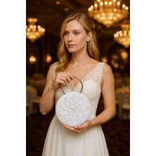 By Lily *gelinler Için Beyaz Çanta, Inci Işlemeli Vintage Dantel Tasarım, Çok Şık