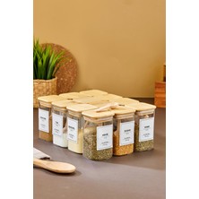 Moda Ozy 12'li Etiketli 250ML Kare Bambu Vakum Kapaklı Borosilikat Cam Baharatlık Seti Kaşıklı Etiketli