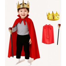MiraLive Çocuk Kral Kostüm Seti – Kırmızı Pelerin, Taç ve Asa (90 Cm)