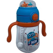 Braventa Collection 260ML Pipetli Sevimli Arkadaşlar Desenli Çıngıraklı Akıllı Pipet Toplu Su Matarası (Turkuaz-Turuncu)