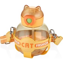 Braventa Collection 720ML Sevimli Kedi Silikon Pipetli Özel Kılıflı ve Askılı Polikarbon Çocuk Su Matarası (Turuncu)