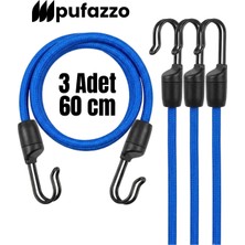 Pufazzo Paslanmaz Çelik Çift Kancalı Bagaj Lastiği - Dayanıklı Motorsiklet Bisiklet Sabitleme Lastiği - (60 cm 3 Adet Mavi)