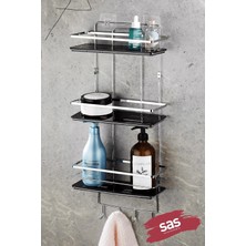 Braventa Collection Sas Haus Yapışkanlı Ömür Boyu Paslanmaz Ayarlanabilir Raf Banyo Düzenleyici Şampuanlık Krom-Siyah Lş