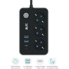 Sigortalı Termal Akım Korumalı Çoklu Priz – 2m Kablo, Anahtarlı, 1x PD Type-C Hızlı Şarj + 2x USB Çıkış, Ev & Ofis Güvenli Priz