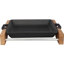 Braventa Collection Lava Metal Döküm Izgara Tava, Metal Kulplu, Ahşap Standlı, 26X26 cm