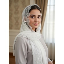 El Işi (Ağır Işçilikle Yapılmış) Iğne Oyalı Mevlit Namaz Başörtüsü 150*70 cm Boyutunda - Beyaz