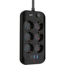 Yellowtech 6’lı Akım Korumalı Uzatma Kablosu | 3 USB + Type-C Girişli | Çocuk Korumalı | 2 Metre Siyah