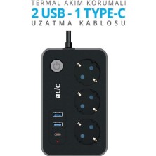 Elektrik Sigortalı Termal Akım Korumalı Güvenli Priz 2 Metre Kablo Anahtarlı 1xpd Type-C 2xusb Çoklu