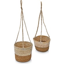 Braventa Collection Deconox 2'li Asılabilir El Yapımı ve Doğal Yuvarlak Hasır Saksılık Seti, 2'li Ipli Asılabilir Hasır