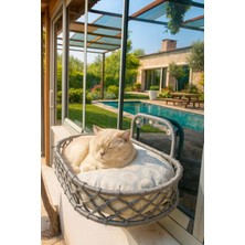 Braventa Collection Tasaryum Pencere Kenarına Monte Edilebilir Macrame Örgü Kedi Hamağı, Gri Renk, Vantuzlu (Gri, Büyük