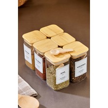 6'lı 250ML Kare Bambu Vakum Kapaklı Kaşıklı Borosilikat Baharat Takımı (Etiket Hediyeli)