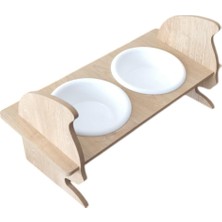 Hype Store Kedi Kafalı Ahşap 2 Plastik Taslı Kedi ve Köpek Mama ve Su Kabı Beyaz