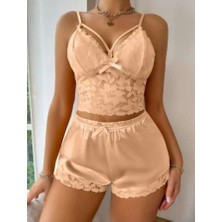 MyDora Lingerie Şampanya Rengi Dantel Büstiyerli ve Saten Şortlu Iki Parça Takım