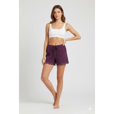 Kuzgun Ticaret Düz Renk Mini Çiçek Desenli Penye Kadın Ev Şortu Bacak Dantel Detaylı Ev Giyim Gül Kurusu