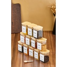 Moda Ozy 12'li Etiketli 200 ml Kare Bambu Vakum Kapaklı Borosilikat Cam Baharatlık Seti Kaşıklı Etiketli