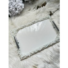 Epoksi Tepsi Dikdörtgen Full Incili Nişan Tepsisi Gümüş