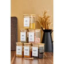 Moda Ozy 6'lı 200ML Kare Bambu Vakum Kapaklı Kaşıklı Borosilikat Baharat Takımı (Etiket Hediyeli)