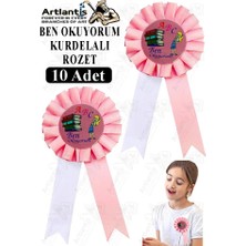 Artlantis Ben Okuyorum Kurdelalı Rozet 10 Adet Pembe Beyaz Yaka Rozeti Çocuk Bayram Etkinlik 15 cm Kokart