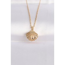 Solenya 316L Çelik Zincir Altın Renk Zirkon Taşlı Inci Detay Istiridye Kolye