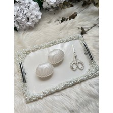 Epoksi Tepsi Dikdörtgen Full Incili Nişan Tepsisi 4 Parça Gümüş