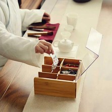 Hype Store Şeffaf Kapaklı Bambu 6 Bölmeli Çay -%100 Orjinal Bambu Şeffaf Kapak (22CM*22CM*10CM)