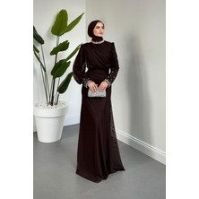 Merven Akyüz Lavrine Boynu ve Kolu Taşlı Tül Abiye Acı Kahve