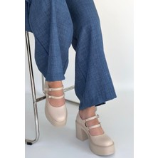 Alfaze Kemerli Dolgu Topuklu Ayakkabı Bej Topuk Boyu 8,5 cm