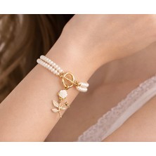 Maison Perle Jewelry Double Pearl Çift Sıralı Beyaz Gül Motifli inci Bileklik