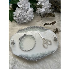 Epoksi Tepsi Nişan Tepsisi Taş+Incili 3 Parça Gümüş